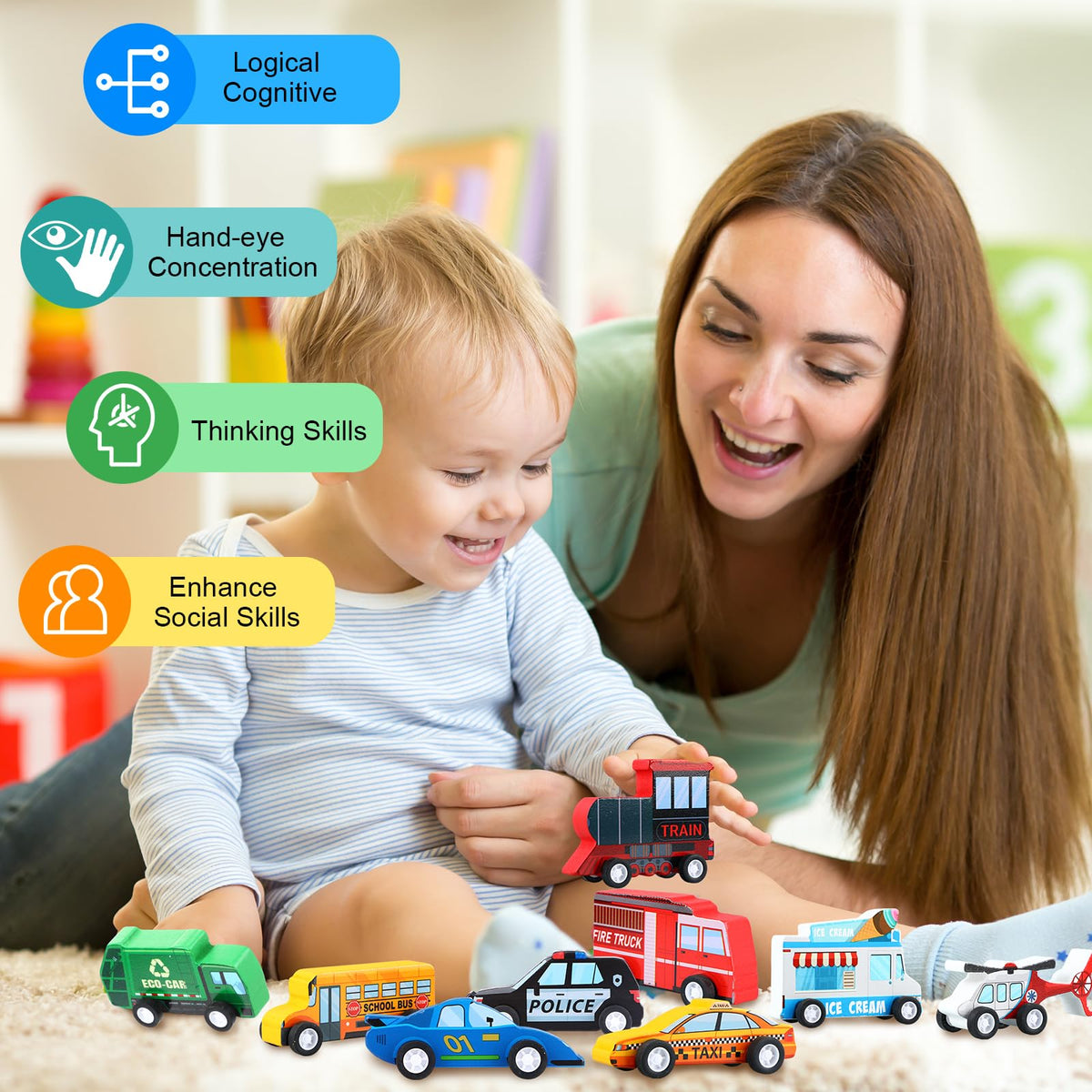Blosssound 20 Pcs Wooden Car Vehicle Set for Toddlers Wooden Vehicle Community Helpers Toys with Police Fire Trucks Ambulance Car Toys Gift for Kids Preschool Classroom Educational Activity