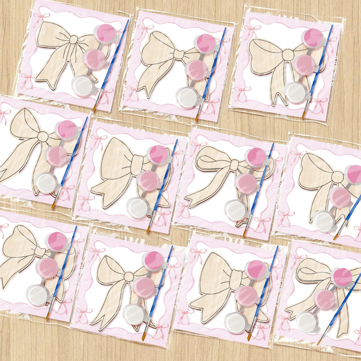 HABDJILTY 12 Pcs Pink Bow Party Favors Bow Wooden Crafts for Kids Coloring Wood Pink Bow Crafts, Bows DIY Painting Craft Kits for Student School Art Activity Gifts Games Party Supplies