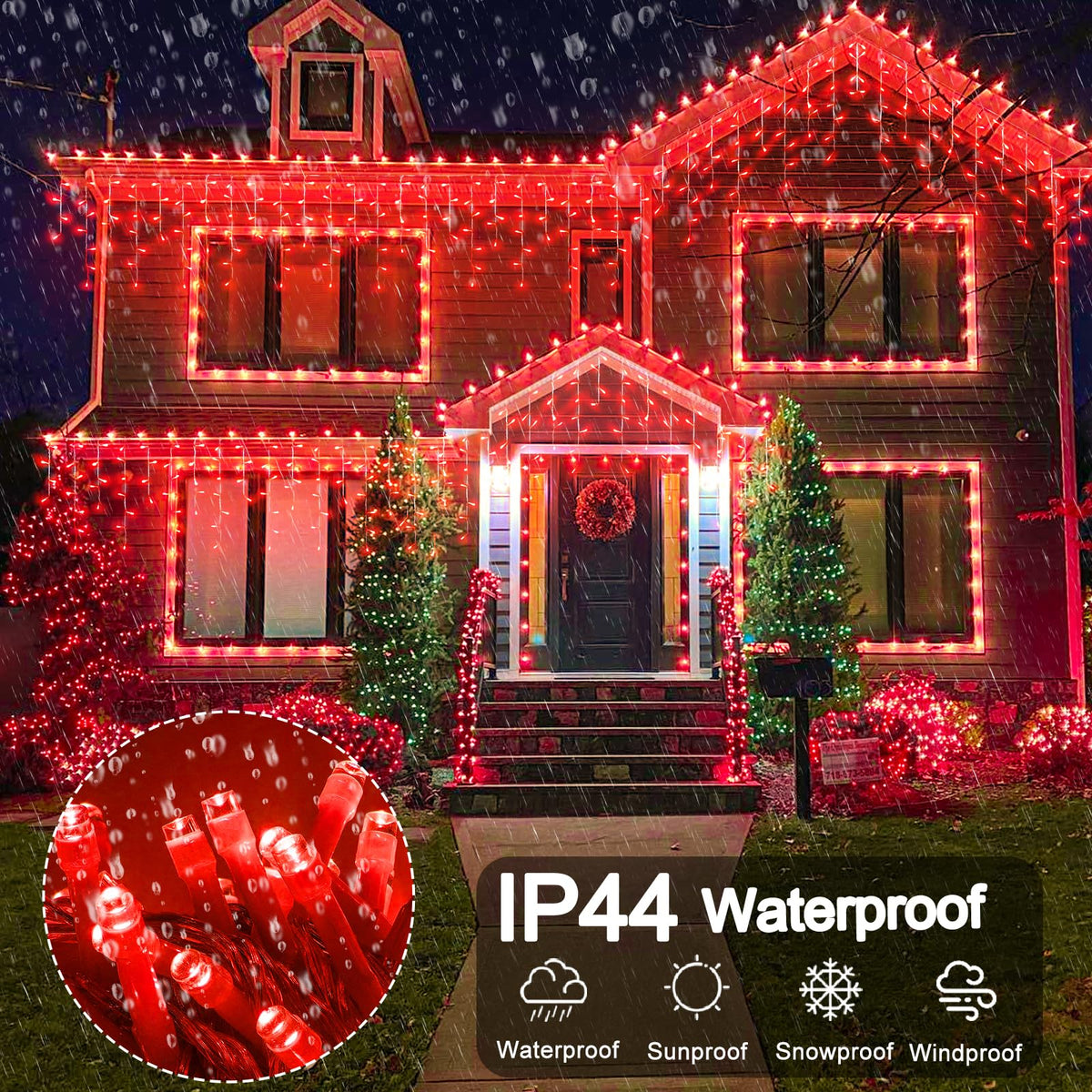 66ft Red Icicle Lights Indoor for Bedroom, 640 LED String Lights for Outside Clear Wire Connectable Twinkle Light with 8 Modes Timer Waterproof for Window Party Wedding Decorations