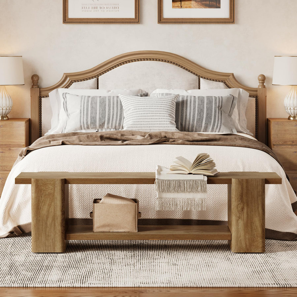 LITTLE TREE Wood Entryway Bench, 63" End of Bed Bench with Storage Shelf, Farmhouse Extra Long Shoe Bench for Entryway, Dining Room, Hallway, Living Room, Bedroom, Double-Reinforced Legs, Natural Oak