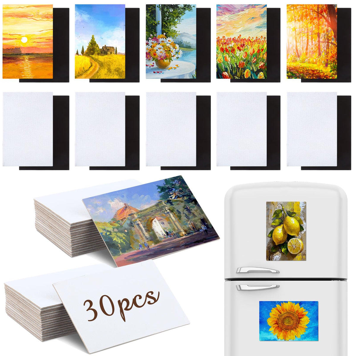 Honoson 30 Pack Magnetic Canvas Panel for Painting 4 x 6 Inch Large Square Flat Canvas Board with Magnet Back Art Gift Craft Set Bulk Pack Tiny Thin Canvases for Refrigerator Decor