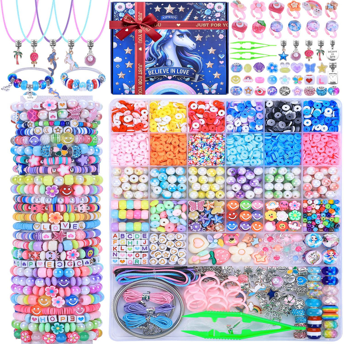 AIPRIDY 3200 Pcs Girls Toys Bracelet Making Kit, Unicorn/Mermaid Clay Beads Jewelry Activity Kit, DIY Crafts Birthday Christmas Gifts for Girls Ages 5 6 7 8 9 10 11 12 Years Old (Sapphire Blue)