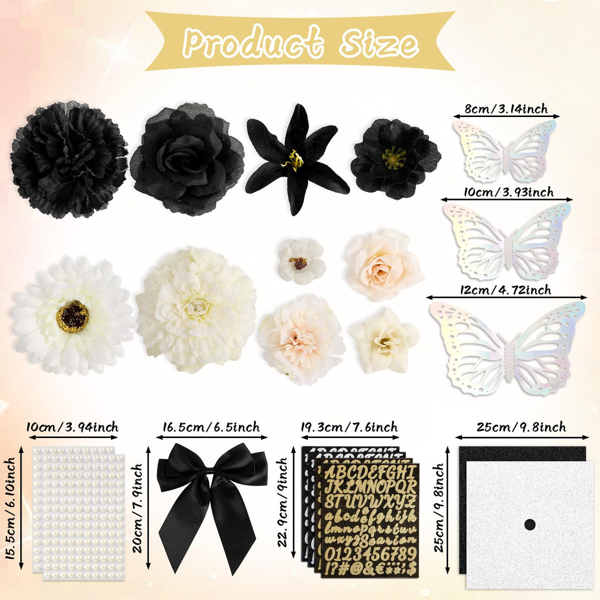 55 Pcs Black Gold DIY Graduation Cap Decorations Faux Assorted Flowers White Bows 3D Butterfly Stickers Glitter Alphabet Letter Number Decals for DIY Hat Grad Cap Topper Graduation Party Supplies