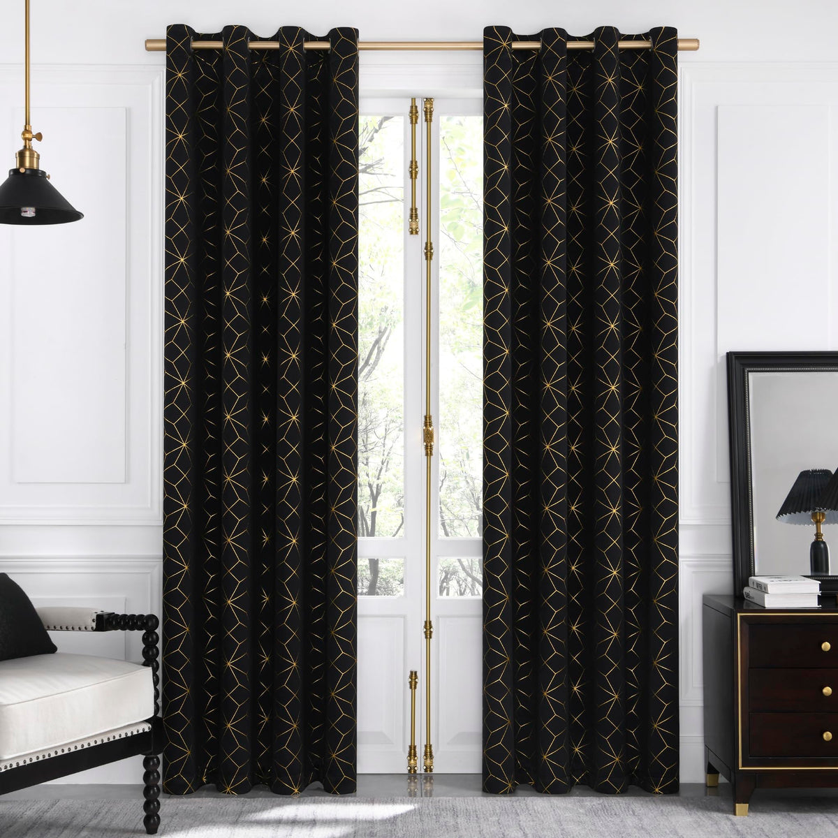 Beauoop 100% Blackout Curtains 84 Inches Long for Bedroom Living Room Moroccan Gold Patterned Drapes Thermal Insulated Grommet Top Window Treatment Panels Set of 2, Black/Gold