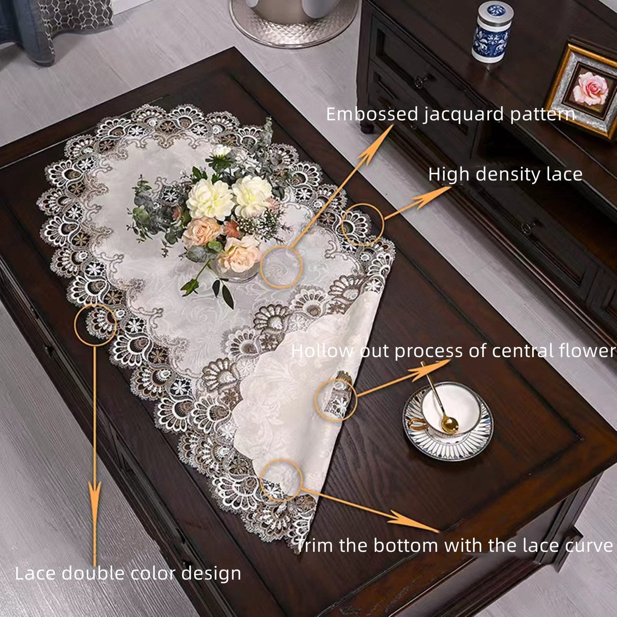 ZMNSZBDBeige Embroidered Lace Tablecloth Lace Coffee Table Cover Oval Hollow Fabric Tablecloth, Washing Machine, Dryer, Refrigerator Top Dust Cover (20''X43'')