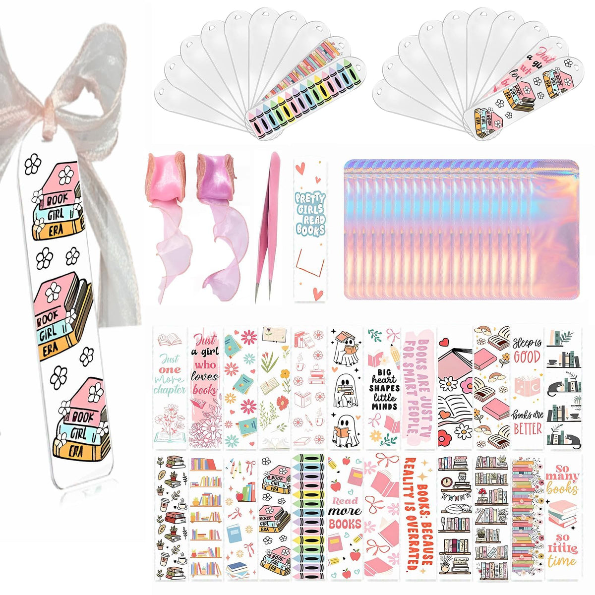 Qrhky 86PCS Acrylic Bookmark Blanks Kit, 20PCS Blank Bookmarks with 25PCS Book Lover UV DTF Sticker, 20PCS Ribbon, 20 Holographic Bags, 1PCS Tweezers, Clear Bookmark Kit for DIY and Gifts
