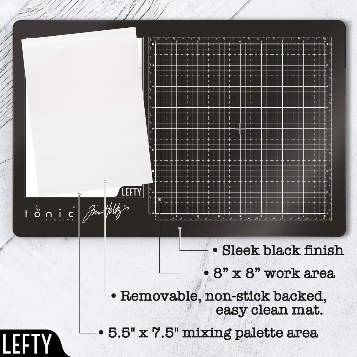 Tim Holtz Travel Glass Cutting Mat - Left Handed Portable Work Surface with 8x8 Measuring Grid and Palette for Mixed Media - Art Supplies with Carry Case