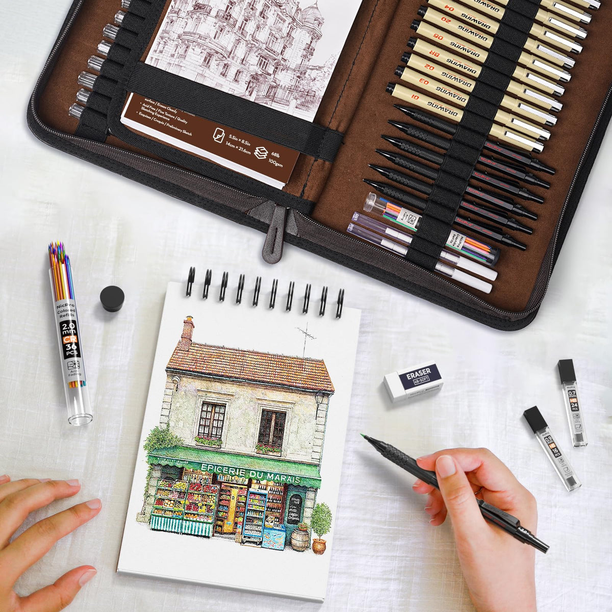 Nicpro 58PCS Art Drawing Supplies Kit in Leather Case, MP1000 Black Metal Mechanical Pencil Set with Drafting Pencil 0.5, 0.7, 0.9 & 2mm, 12 Micron Pen, Sketch Book, 30 Tube Lead Refills for Sketching