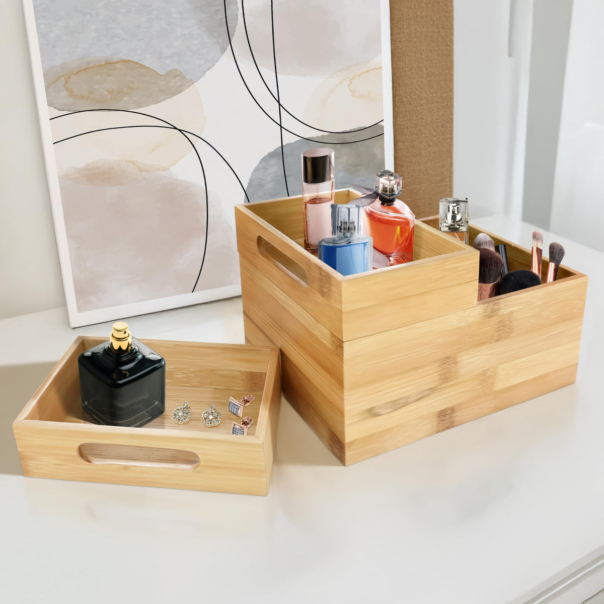 HOMESTEAD 3-Piece Stackable Bamboo Storage Box, Office Desk Organizer, Wooden Boxes for Makeup Drawer Organizer Bathroom, Office Supplies, Kitchen Utensils, Bamboo Storage Containers, Jewelry Tray