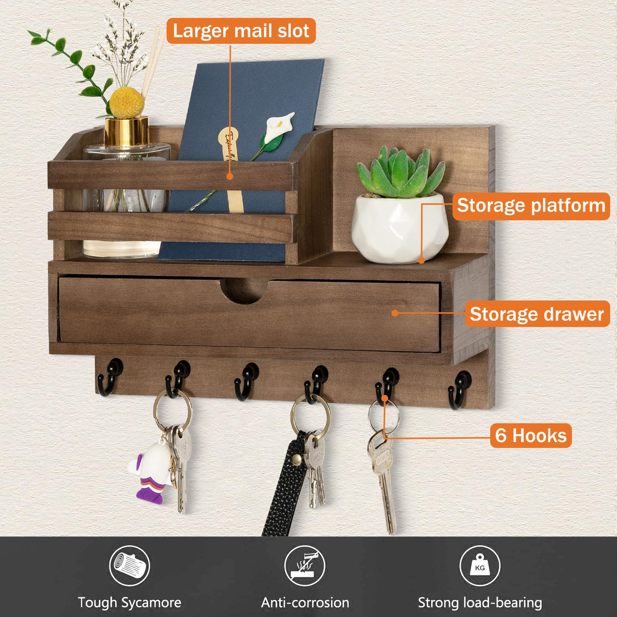 dreampossible Key and Mail Holder for Wall, Mail Organizer Wall Mount with 6 Hooks and Storage Drawer, Wooden Key Rack Hanger with Shelf for Entryway and Home Decor