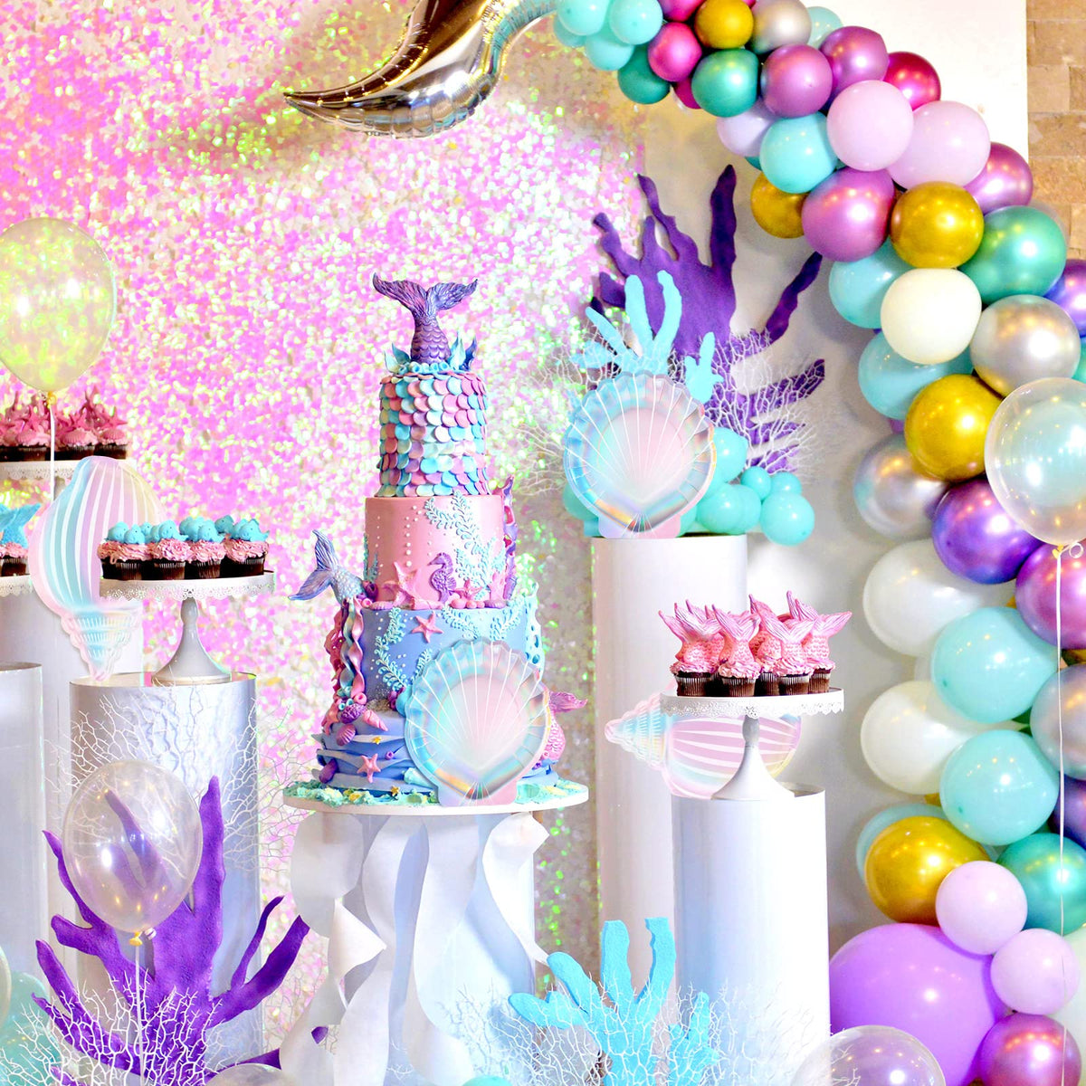 Cunhill 96 Pcs Mermaid Plates and Napkins for 24 Guests, 7 Inch 9 Inch Seashell Plates Iridescent Mermaid Party Supplies for Birthday Ocean Under The Sea Baby Shower Decoration(Stylish Style)