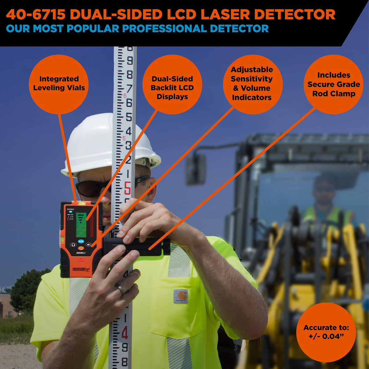 Johnson Level & Tool 40-6715 Two-Sided Laser Detector w/Clamp for Red Beam Rotating Lasers, Red Beam, 1 Laser Detector,Orange