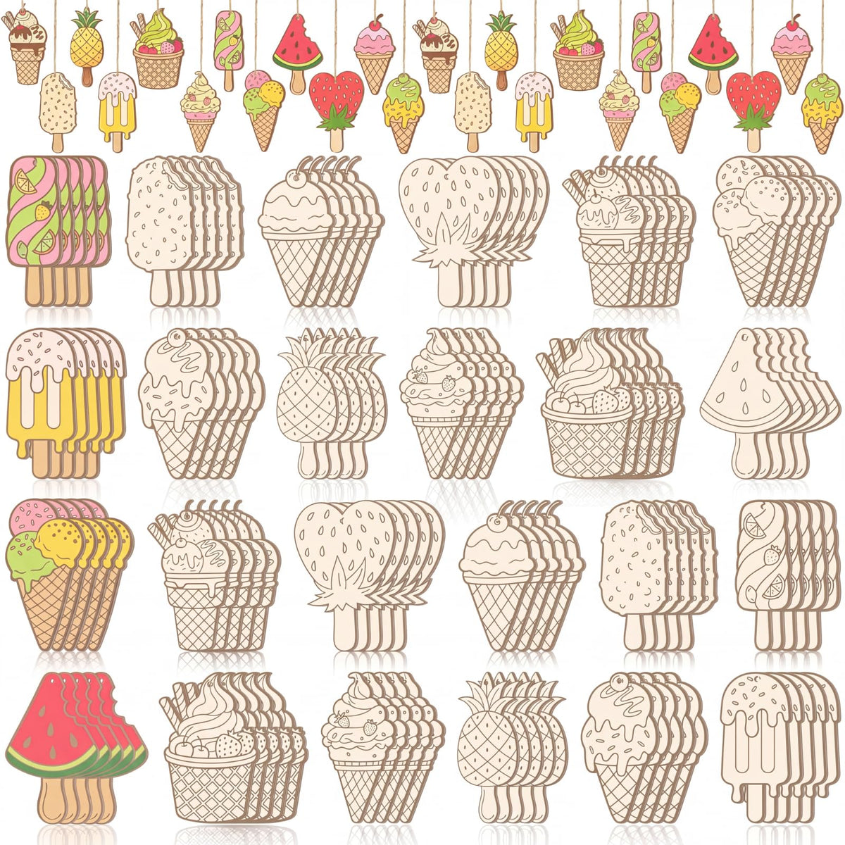 Thyle 120 Pcs Summer Ice Cream Crafts Bulk Wooden Ice Cream Ornaments to Painting DIY Unfinished Blank Wood Cutout for Crafts for Summer Party Activities