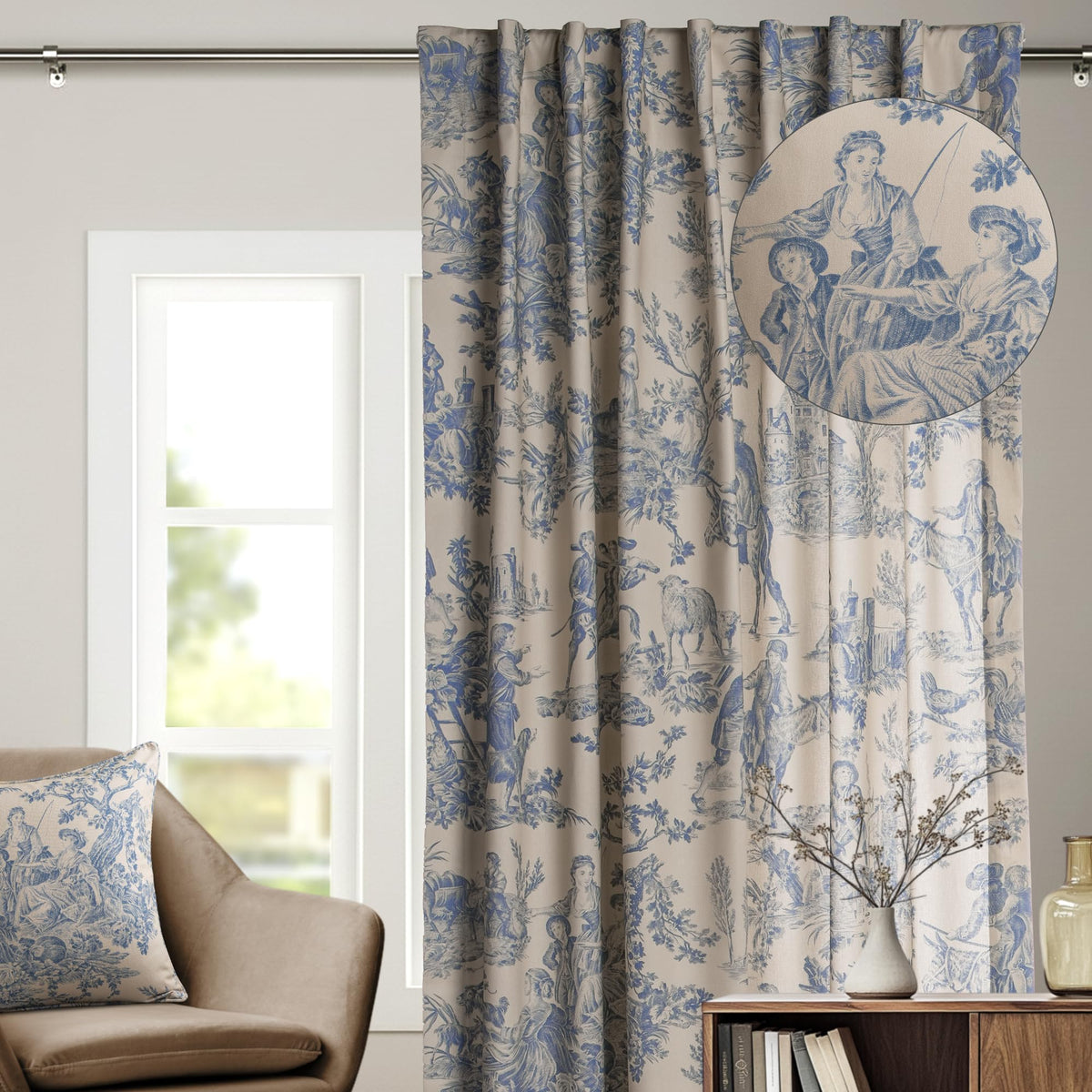 Maison d' Hermine Curtains for Living Room 100% Cotton 96 inch Length One Panel Light Filtering Toile Curtains for Bedroom Windows with Rod and Loop Pockets Drapes (The Miller Blue, 50" W x 96" L)