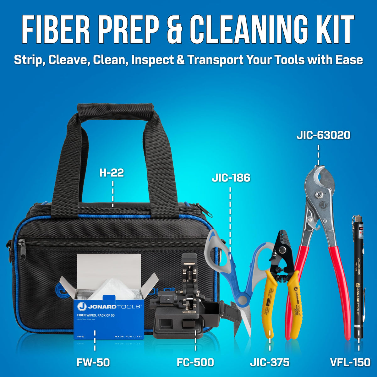 Jonard Tools TK-184A Fiber Optic Connector Clean & Prep Kit+ - Fiber Optic Stripper, Cable Cutter, Cleaver, VFL, Kevlar Scissors, Wipes, Rugged Case