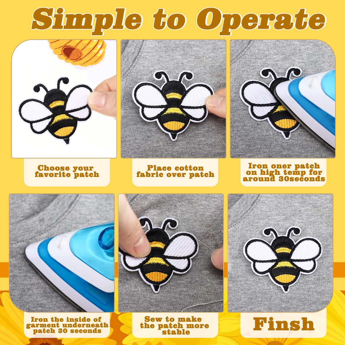 Hotop 48 Pcs Bee Iron on Patches Honeybee Patch Backpacking Sew on Embroidered for Jeans Jackets Clothes Backpack Cap DIY Crafts Sew Making