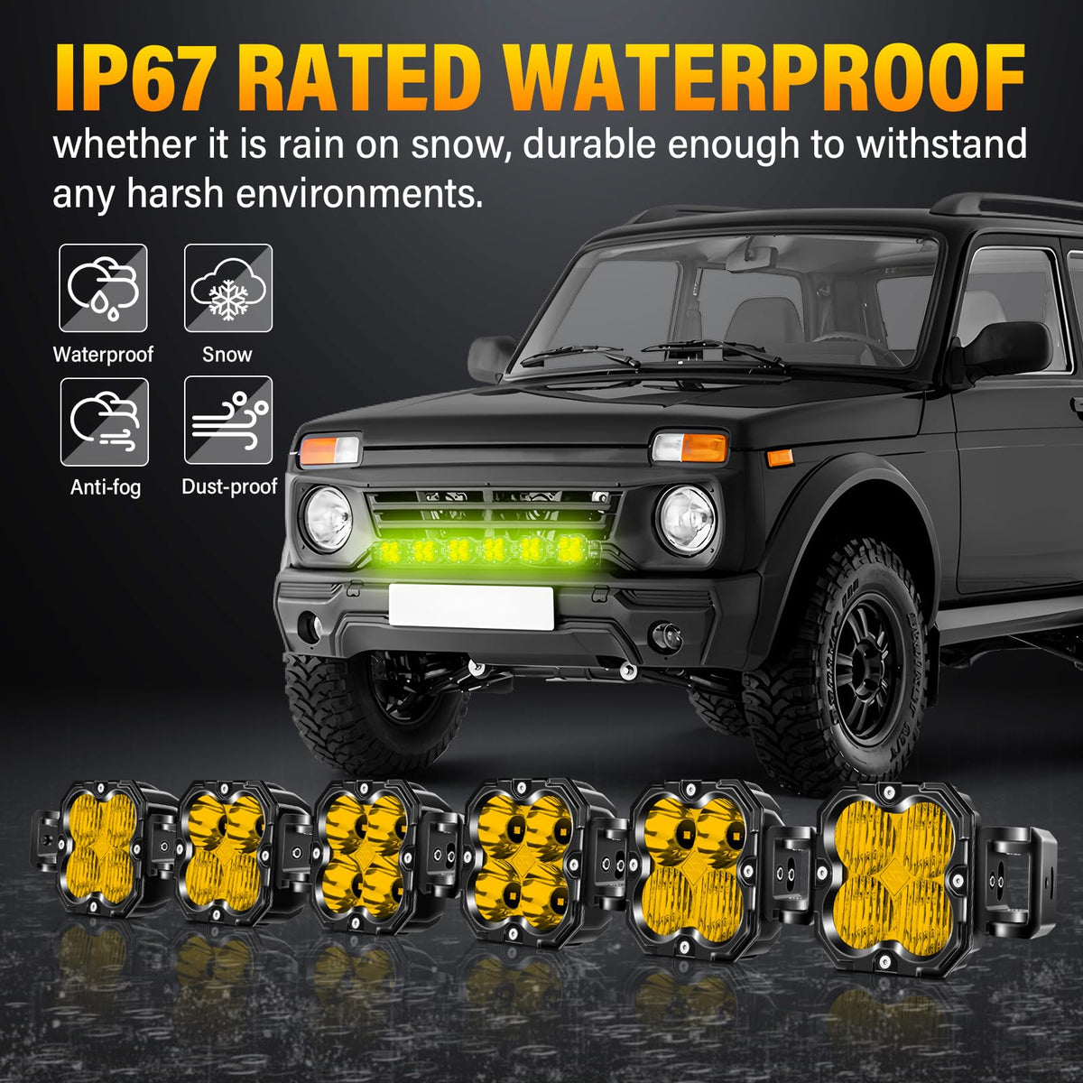SKYWORLD 6 Pcs Yellow Cube LED Pod Light, 4 Inch 30W Spot Flood Combo Beam Work Lights,3530K Car Off-Road Driving Lamp for ATV, UTV, 4x4, Tractor,Truck,Motorcycle