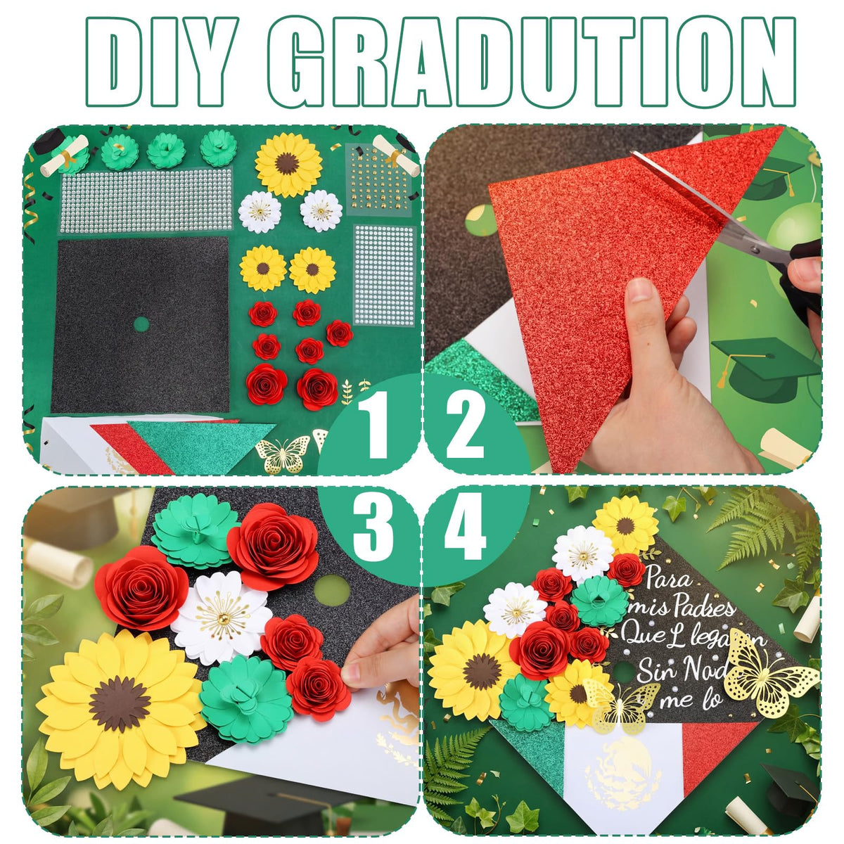 Gersoniel 44 Pcs DIY Graduation Cap Decorations Kit 2026 Mexican Graduation Stole Sash Flower Heads 3D Butterfly Stickers Glitter Rhinestones Pearl Stickers Alphabet Letter Number Grad Cap Topper Gift