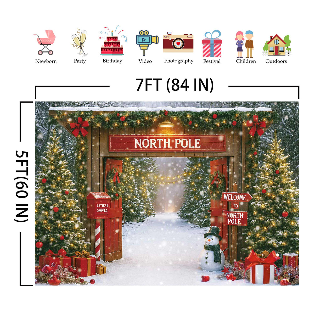 Fluzimir Christmas Photography Backdrop 7x5ft – Rustic Snowy Forest Barn Door with Xmas Tree, North Pole Winter Scene Fabric Photo Background for Family Party, Baby Holiday Photos