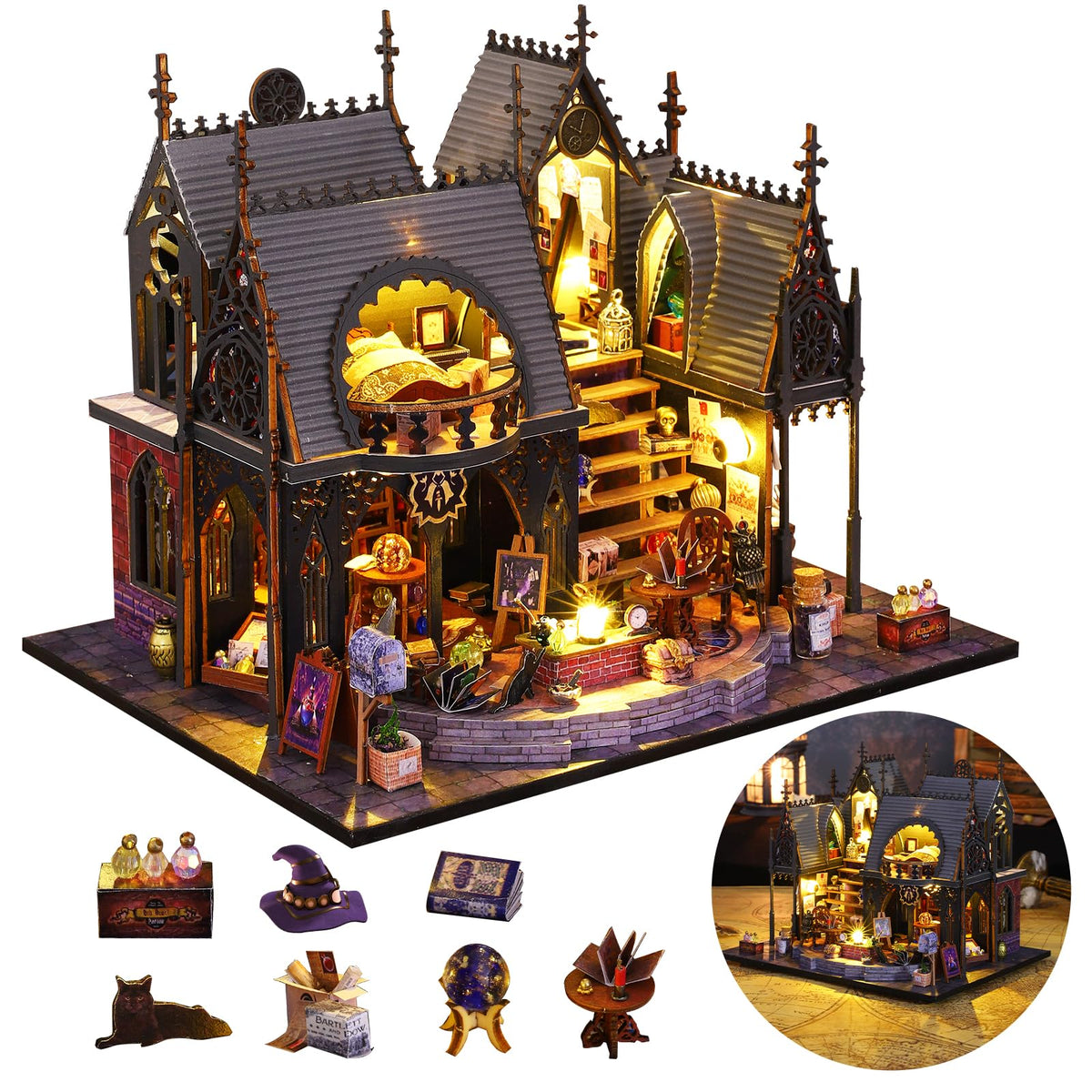 FLYINTOYS DIY Miniature House Kit with LED Light, Mini House Building Kit with Furniture, 3D Wooden Puzzles Dollhouse Bookshelf Insert Decor Kit for Family and Friends (Luna's Magic House)