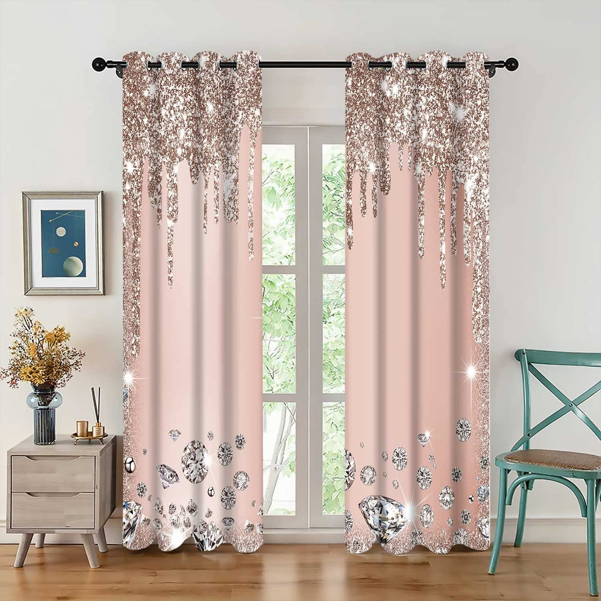 MIZSYE Light Rose Gold Shiny Diamond Print Curtains Gorgeous Drip Blackout Curtains Room Darkening (No Sequins No Sequins) Suitable for Girls Bedroom Living Room Decoration 42x84inch CLZYMS55