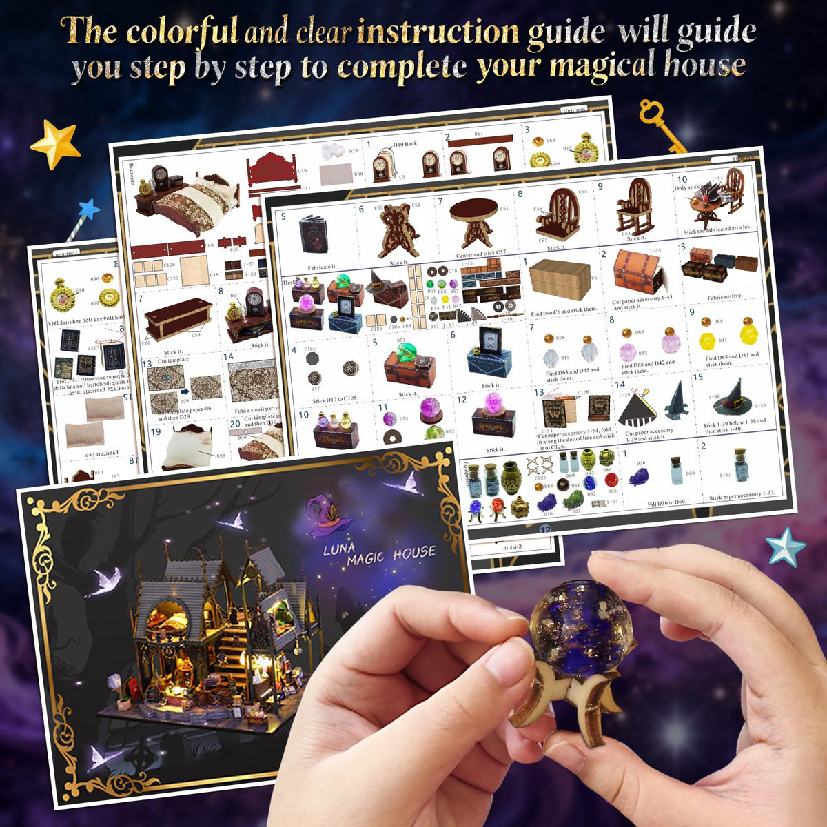 FLYINTOYS DIY Miniature House Kit with LED Light, Mini House Building Kit with Furniture, 3D Wooden Puzzles Dollhouse Bookshelf Insert Decor Kit for Family and Friends (Luna's Magic House)