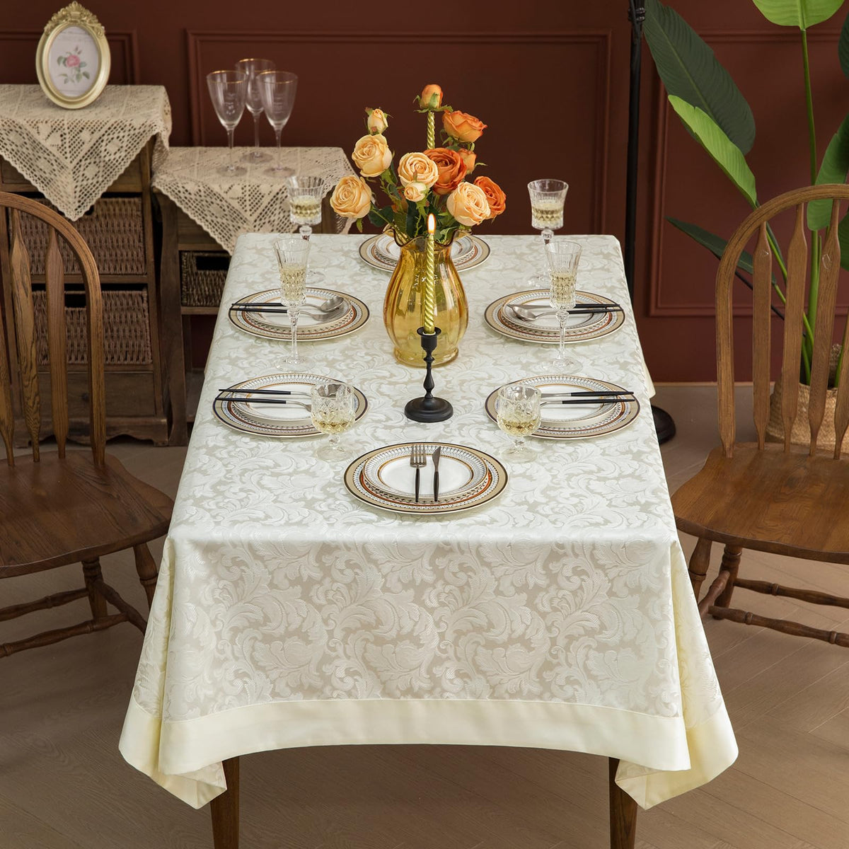 GLORY SEASON Emboss Style Textured Tablecloth Waterproof Solid Bordered Retro Tablecloths Classic Luxurious Washable Rectangle/Oblong Table Cloth,Kitchen Dinning Decor 60x120 Inch