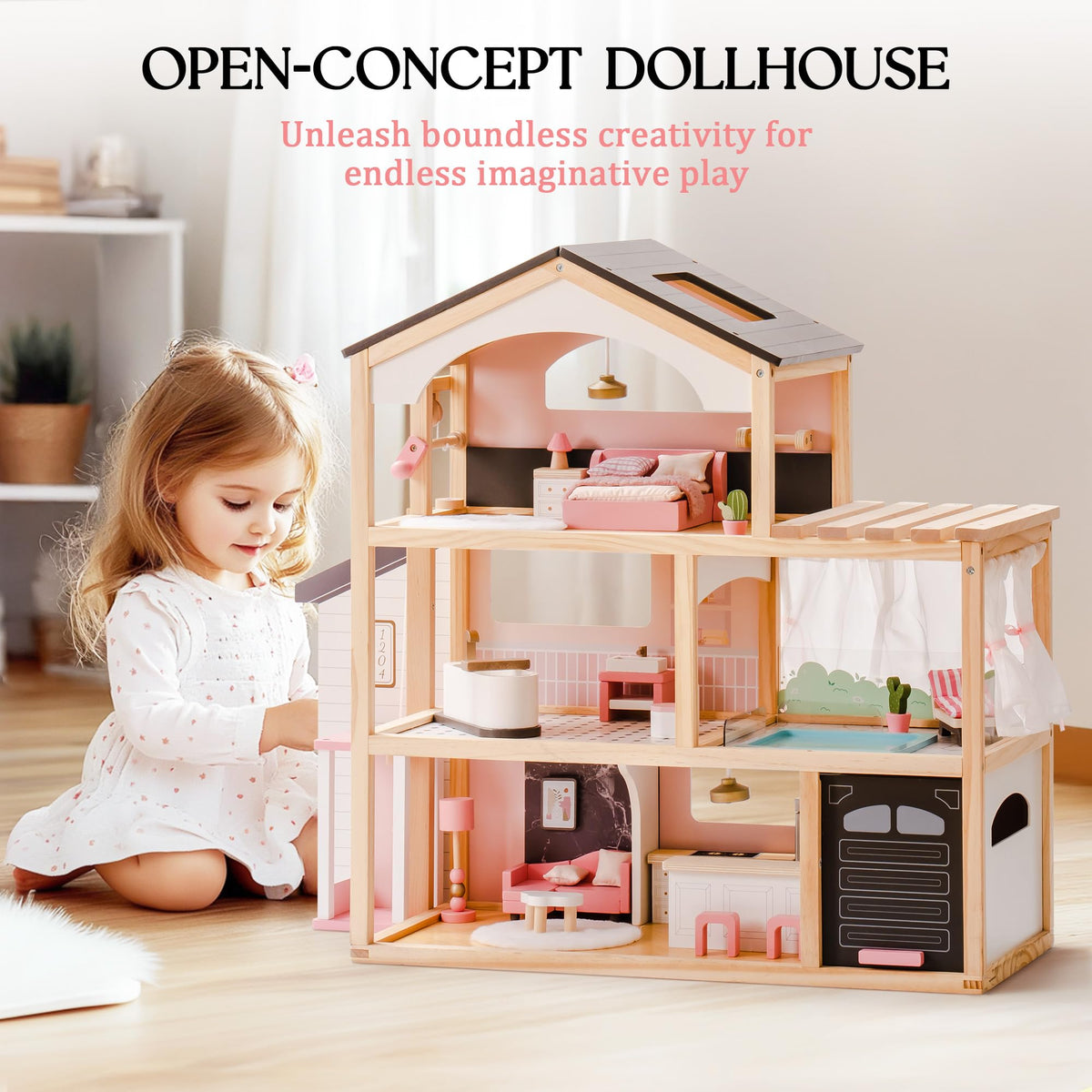 ROBOTIME Wooden Dollhouse, Doll House with 29 Pieces Furniture Set - Pool and Elevator, Wooden Doll House for 4, 5, 6-Inch Dolls, 6 Rooms Pink Dollhouse Gift for Kids Girls Ages 3+ (Black)
