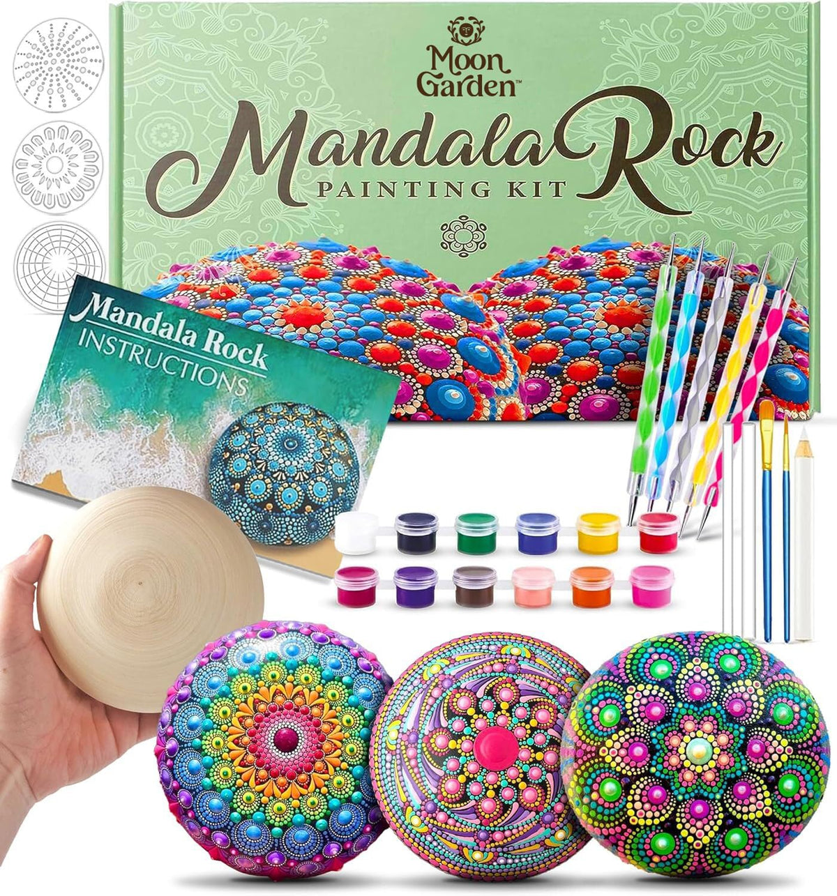 MoonGarden Mandala Rock Painting Kit - Mandala Dotting Tools Kit - Large Wooden Rocks for Painting, Stencils, Acrylic Paints, Dotting Tools for Rocks - Dot Art Kit for Adults & Kids