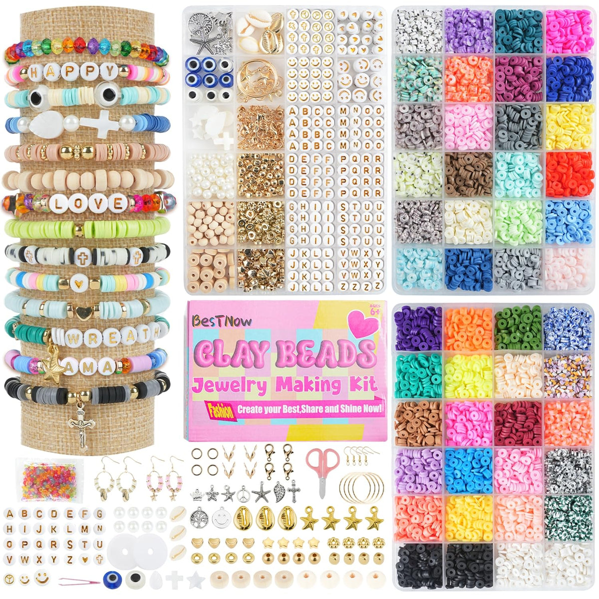 BestNow Clay Beads 3 Boxes Bracelet Making Kit Heishi Beads for Jewelry Making Round Letter Beads with Charm Elastic Strings Friendship Bracelets Holiday Arts and Crafts Gifts for Girls Adults
