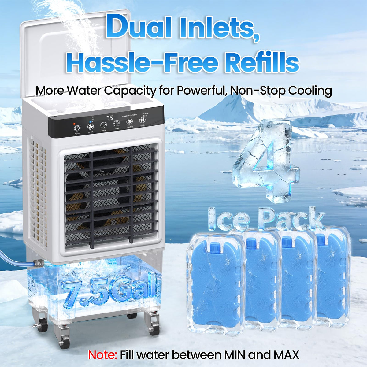 Swamp Cooler Air Conditioner, 4-in-1 Evaporative Air Cooler with 7.5-Gal Water Tank, 4 Modes, 3 Speeds, Dry Burn Protection, Remote, 12H Timer, Portable Windowless AC for Home, Office, Garage