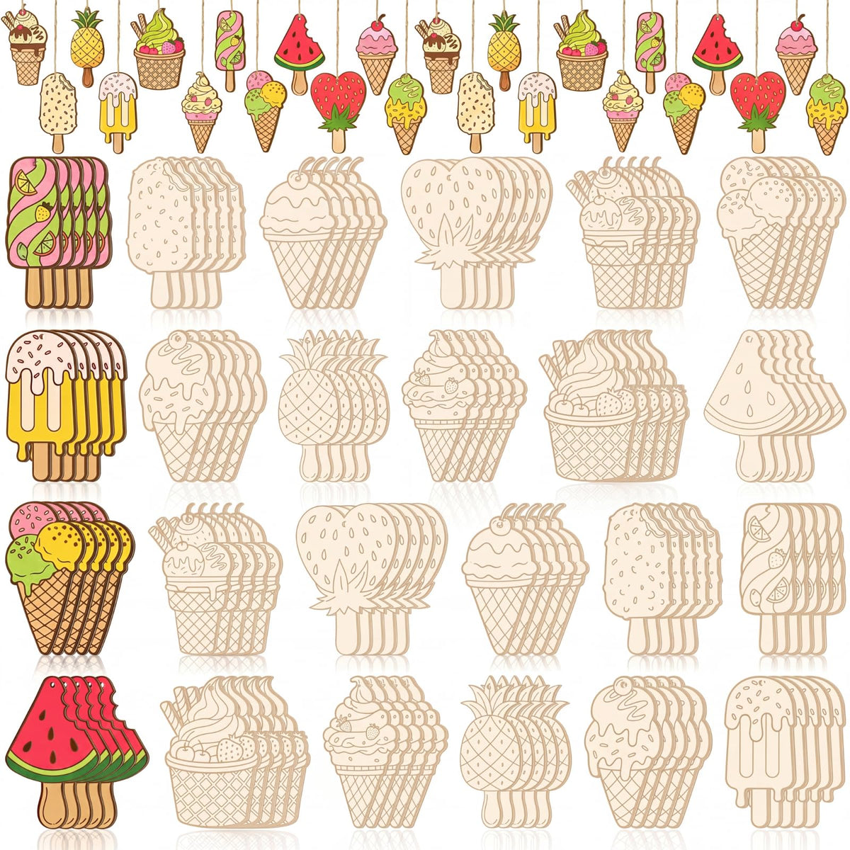 Thyle 120 Pcs Summer Ice Cream Crafts Bulk Wooden Ice Cream Ornaments to Painting DIY Unfinished Blank Wood Cutout for Crafts for Summer Party Activities