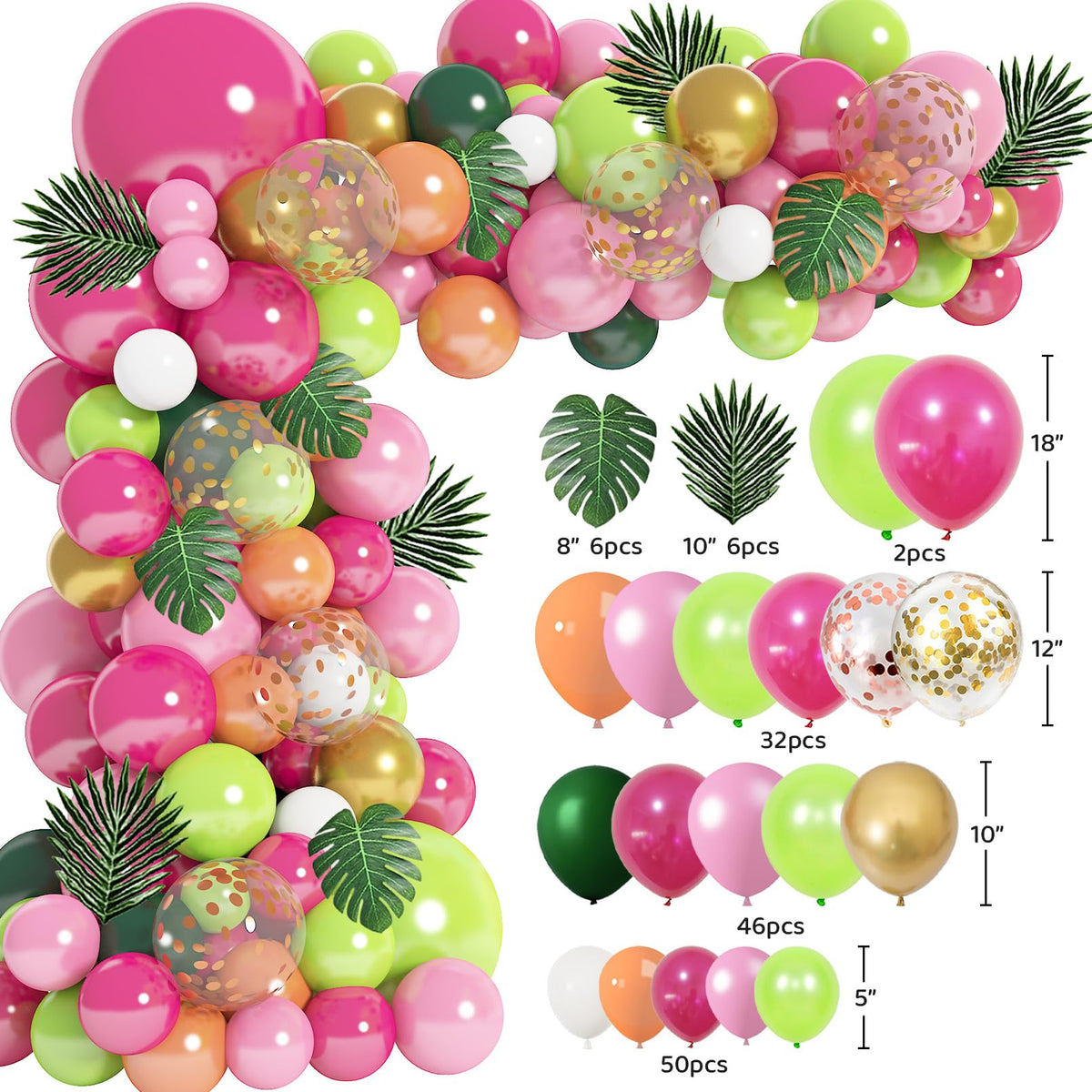 146Pcs Tropical Balloons Garland Arch Kit, Hawaiian Luau Tropical Aloha Flamingo Party Decorations Hot Pink Fruit Green Rose Gold Confetti Balloons Palm Leaves Birthday Baby Shower Wedding Supplies