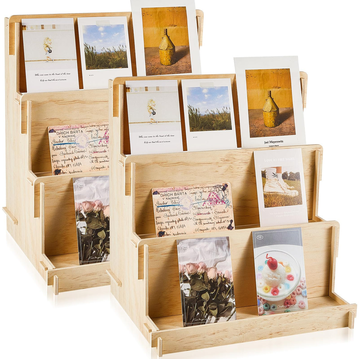 Barydat 2 Pcs 3 Tiered Greeting Card Display Stand Wooden Organizer Racks for Sticker Craft Brochure Table Tabletop Vendors Retail Counter Trade Shows Showcase