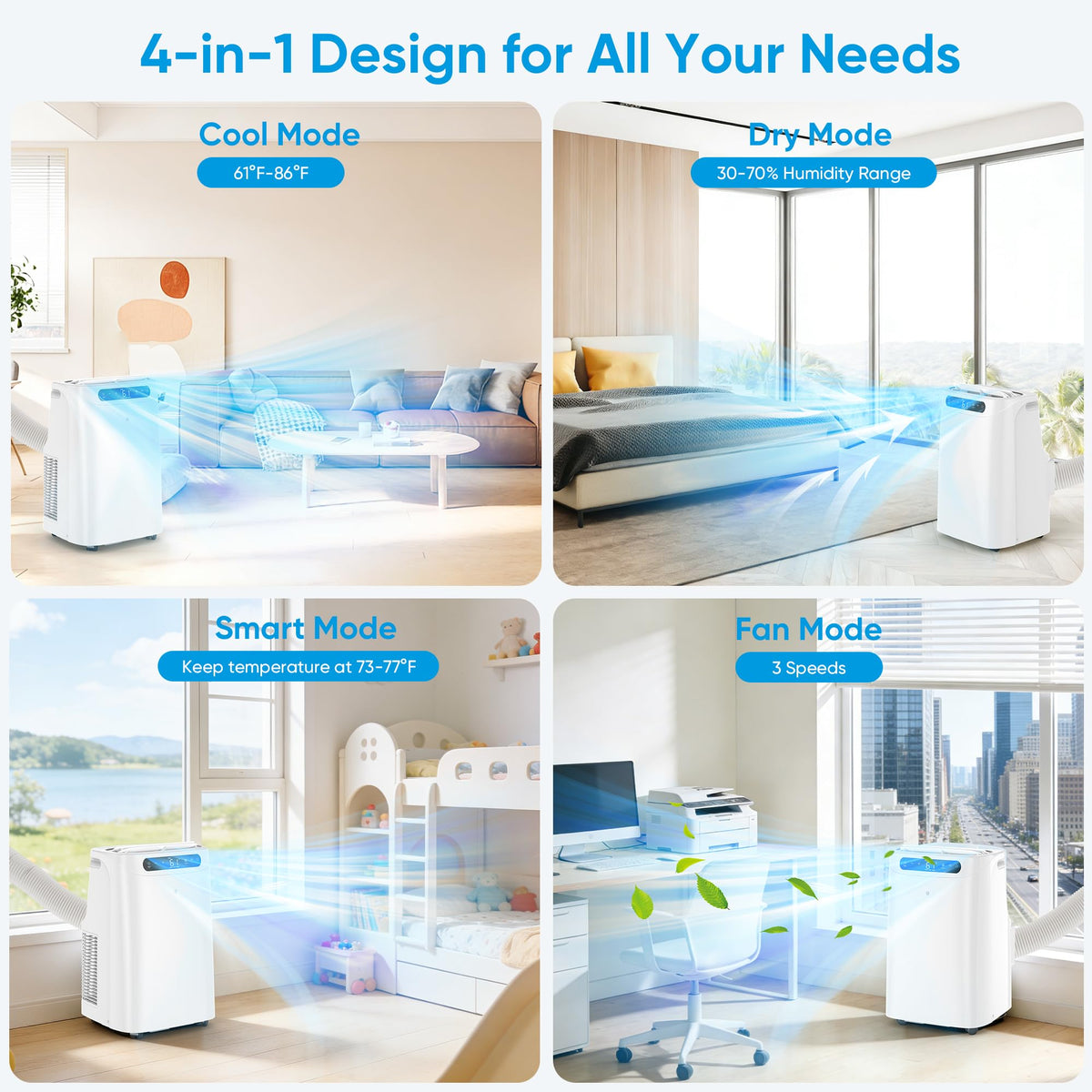 12000 BTU Portable Air Conditioners for Room Cooling up to 500 Sq. Ft, 3-IN-1 Quiet Portable AC Unit with Dehumidifier Fan, Remote Control, Smart Sleep Mode, 24H Timer, Windows Kit Included