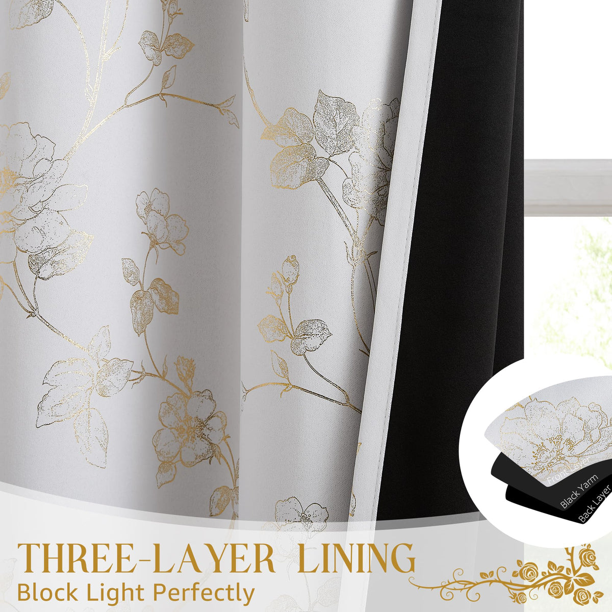 Ronaldecor Floral Full Blackout Window Curtains 84 Inches Long for Bedroom White Gold Rose Drapes Room Darkening Thermal Insulated Noise Reduction Grommet Window Treatments Sets, 52" W, 2 Panels