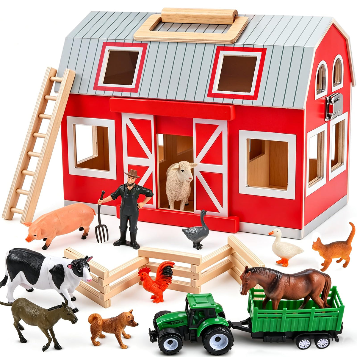 WoodTrove Wooden Barn Toys, Play Barn with 12 Animal Play Figures for 3+ Years Old, Toy Barn and Farm Animals，Wooden Barn Playset for Christmas Birthday Gift for Boys Girls