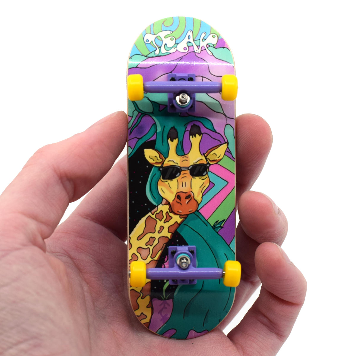 Teak Tuning 32mm Pro Fingerboard Heat Transfer Graphic Complete - Fully Assembled with Pro Level Parts - Pro Shaped Wood Deck (34x97mm), UltraSpin Wheels, Prodigy Trucks - Graffiti Giraffe