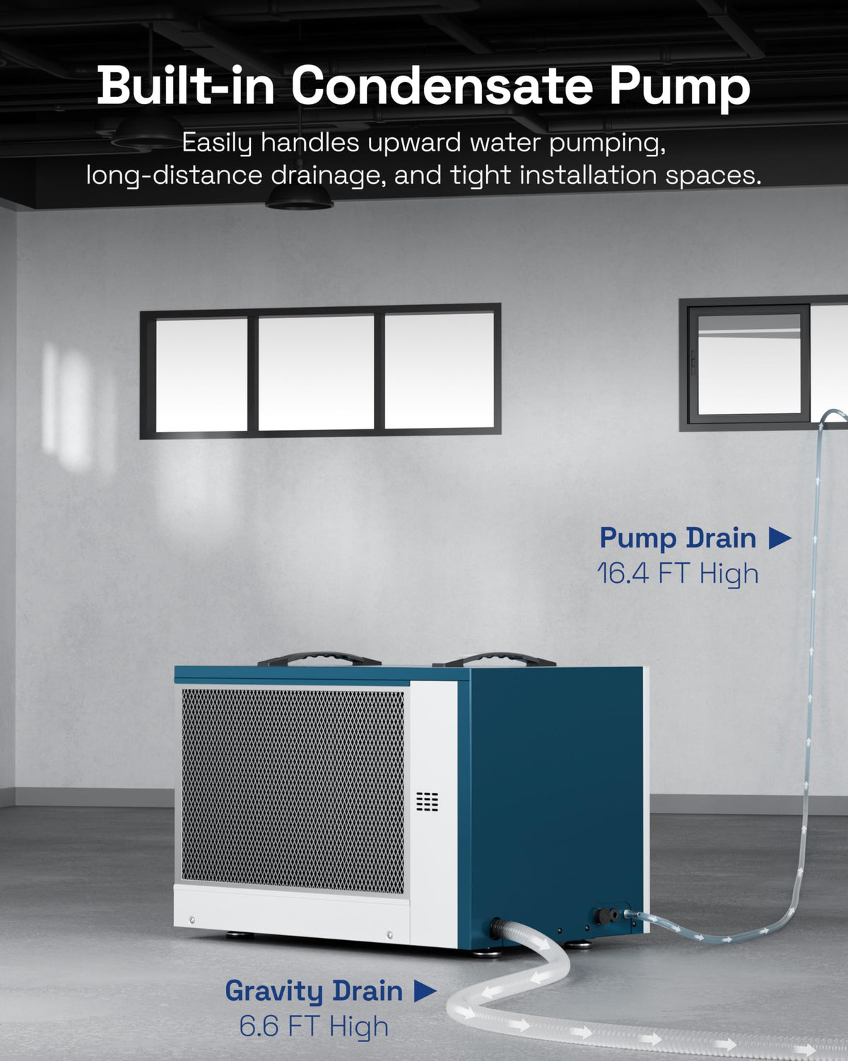 HBN Crawl space Dehumidifier 125 Pints with Pump and Drain Hose, Industrial Dehumidifier for Basement and Commercial up to 5900 Sq. Ft, Large Capacity, Built-in 24-Hour Timer
