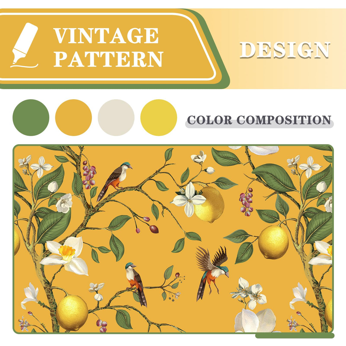 MYSKY HOME Yellow Floral Blackout Curtains 84 inch Long for Living Room Vintage Mid Century Style Lemon Hummingbird Patterned Room Darkening Privacy Drapes Grommet Bedroom Dining Room, 2 Pcs, 52"Wide