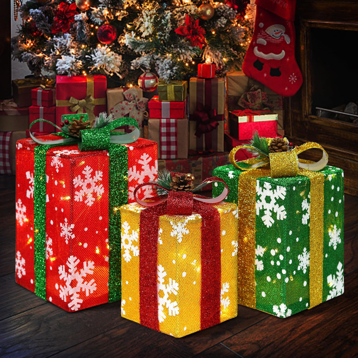 DomKom Set of 3 Tall Christmas Lighted Gift Boxes Decorations - Plug in 60 LEDs Present Box - Rectangular Light Up Xmas Tree Skirt Ornament Outdoor/Indoor Vertical Holiday Decor