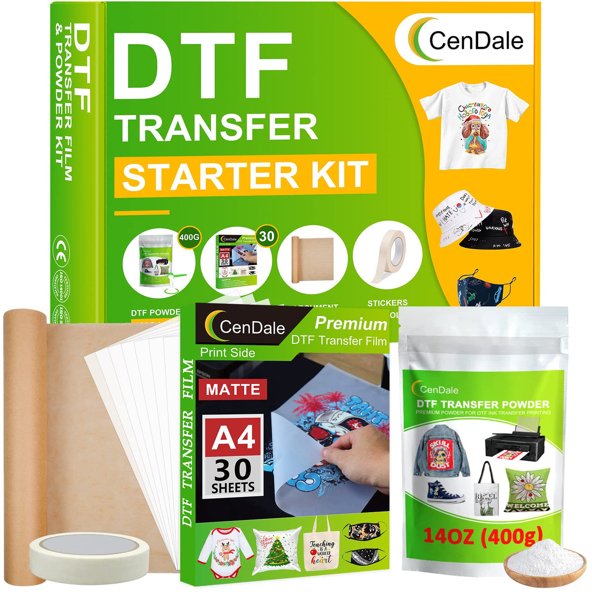 CenDale DTF Sublimation Kit - 30 Sheets A4 DTF Film for Sublimation Hack, 14oz DTF Powder White，DTF Transfer Starter Kit, Hot & Cold Peel DTF Transfer Film and Powder Kit for DTF & Sublimation Printer