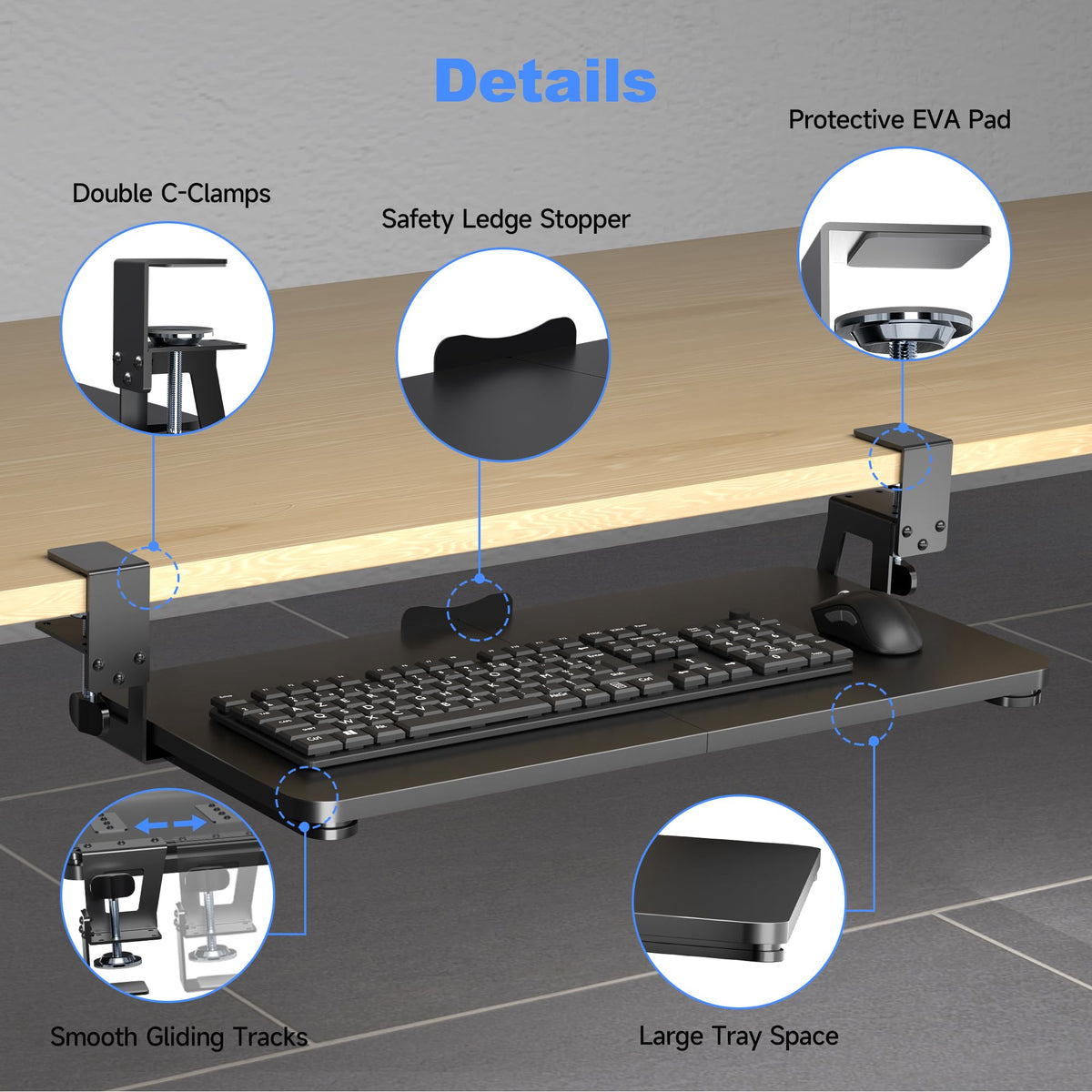 XINLEI Keyboard Tray Under Desk Large C-Clamp 25.6” (30” Including Clamps) x 11.8” Slide-Out Platform Computer Drawer Pull Out Keyboard & Mouse Tray Black DSF4
