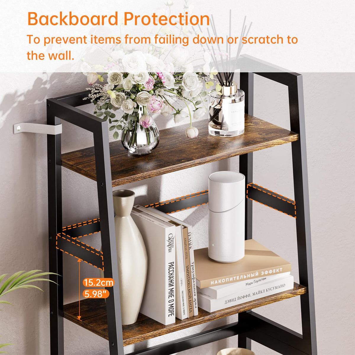 HITNET Ladder Shelf, 4 Tier Bookshelf with Bamboo Frame, Freestanding Bathroom Storage Shelving Unit for Living Room, Home Office, Bedroom, Rustic Brown and Black