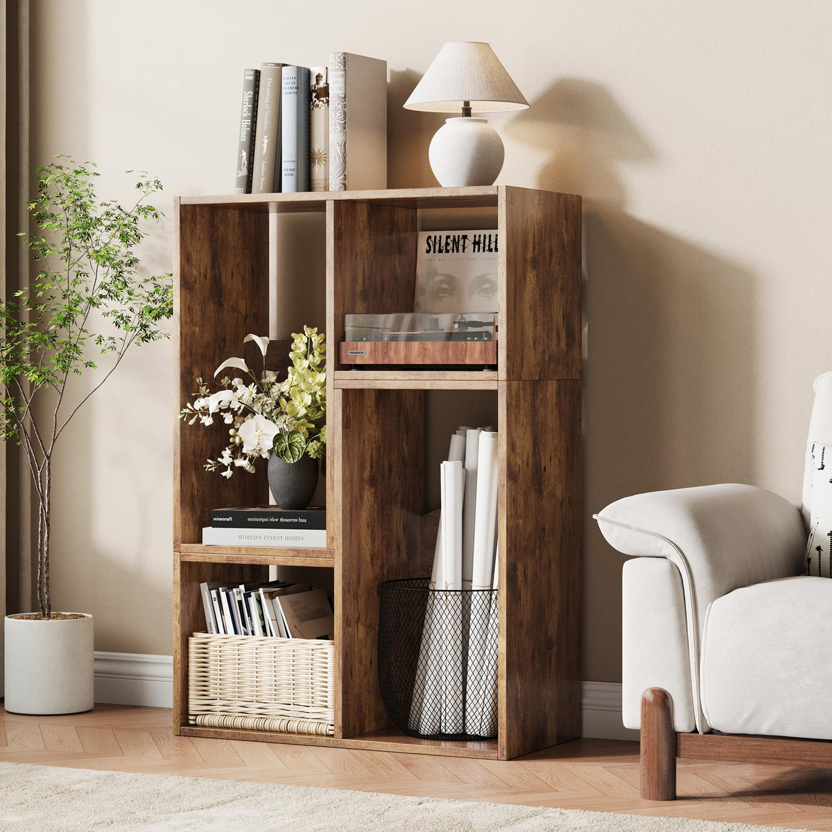 MapleGrace 6 Cube Storage Organizer, Wooden Storage Shelves Bookcase with Back Panels, Stackable Display Bookshelf for Living Room, Bedroom, Study, Hallway, Rustic Brown