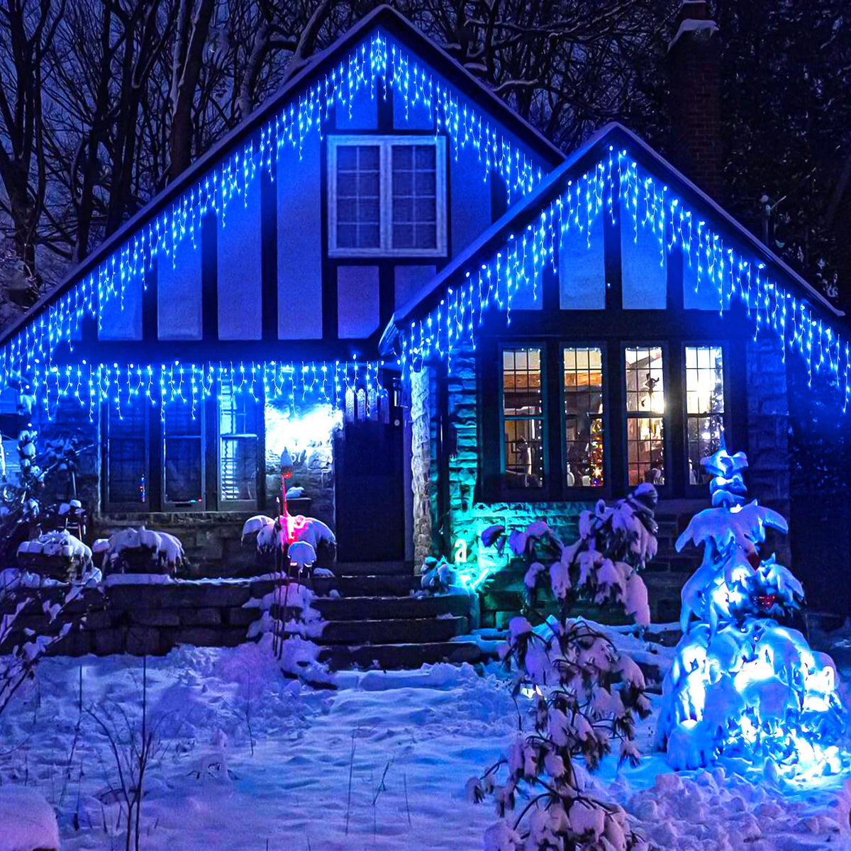 Icicle lights Outdoor - 66ft Christmas Lights with 640LED 120 Drops 8 Modes, Plug in Curtain String Lights Waterproof for Holiday Wedding Party Home Garden Bedroom Indoor Outdoor Decoration, Blue