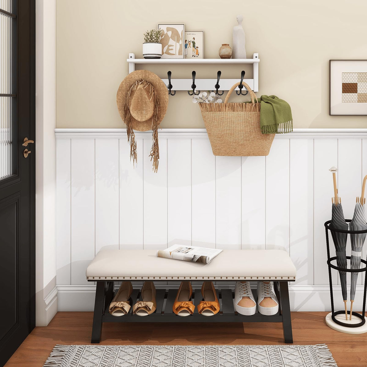 Homode Wall Shelf with Hooks, 24 Inch Coat Rack with Tri Hooks, Farmhouse Entryway Floating Coat Hanger with Storage for Bathroom, Entry Way, Mudroom, White
