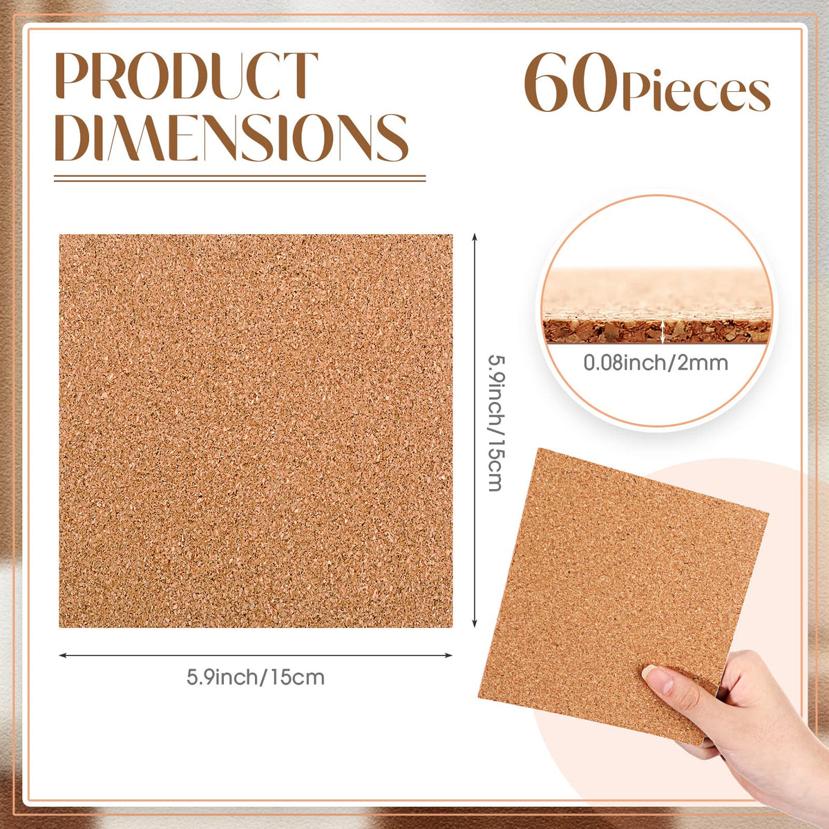 Chunful 60 Pcs Self Adhesive Cork Squares 6" x 6" Cork Backing Sheets for Coasters DIY Ceramic Tiles, Mat, Mini Wall Board, 2 mm Thick