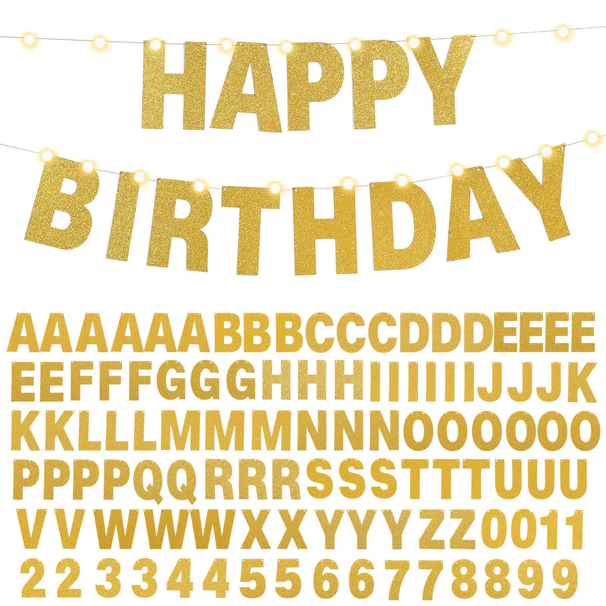 TaoBary 112 Pcs DIY Letter Kit Glitter Customizable Banner Letters Include 107 Letters and Numbers 3 Rope and 2 Needles for Birthday Halloween Christmas Wedding Valentine Party Decor(Gold)