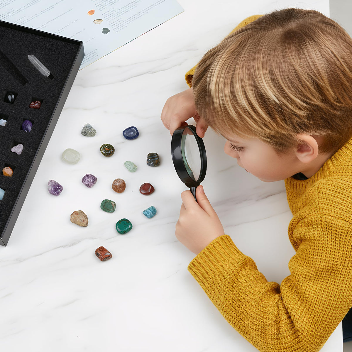 Natural Crystal Mineral Collection Kit - 43 Pcs Natural Rocks & Gemstones with Magnifying Glass, Pen & Crystal Guidebook, Geoscience Starter Collection Set for Kids & Adults Rock Enthusiasts